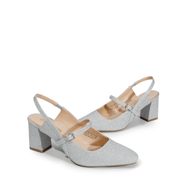 Mary Jane Slingback Chunky Heel Pumps - SILVER GLITTER - 4